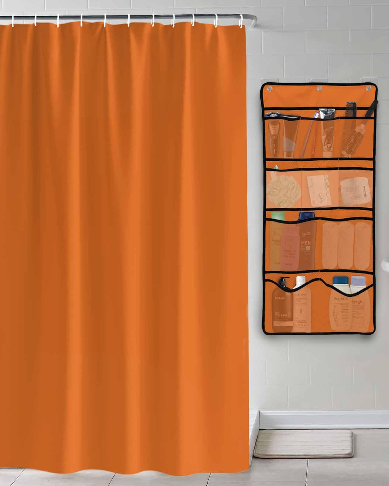 Shower Curtain Mesh Shower Organizer Hanging Set Orange Solid Color Waterproof Shower Curtains with 10 Pockets Quick Dry