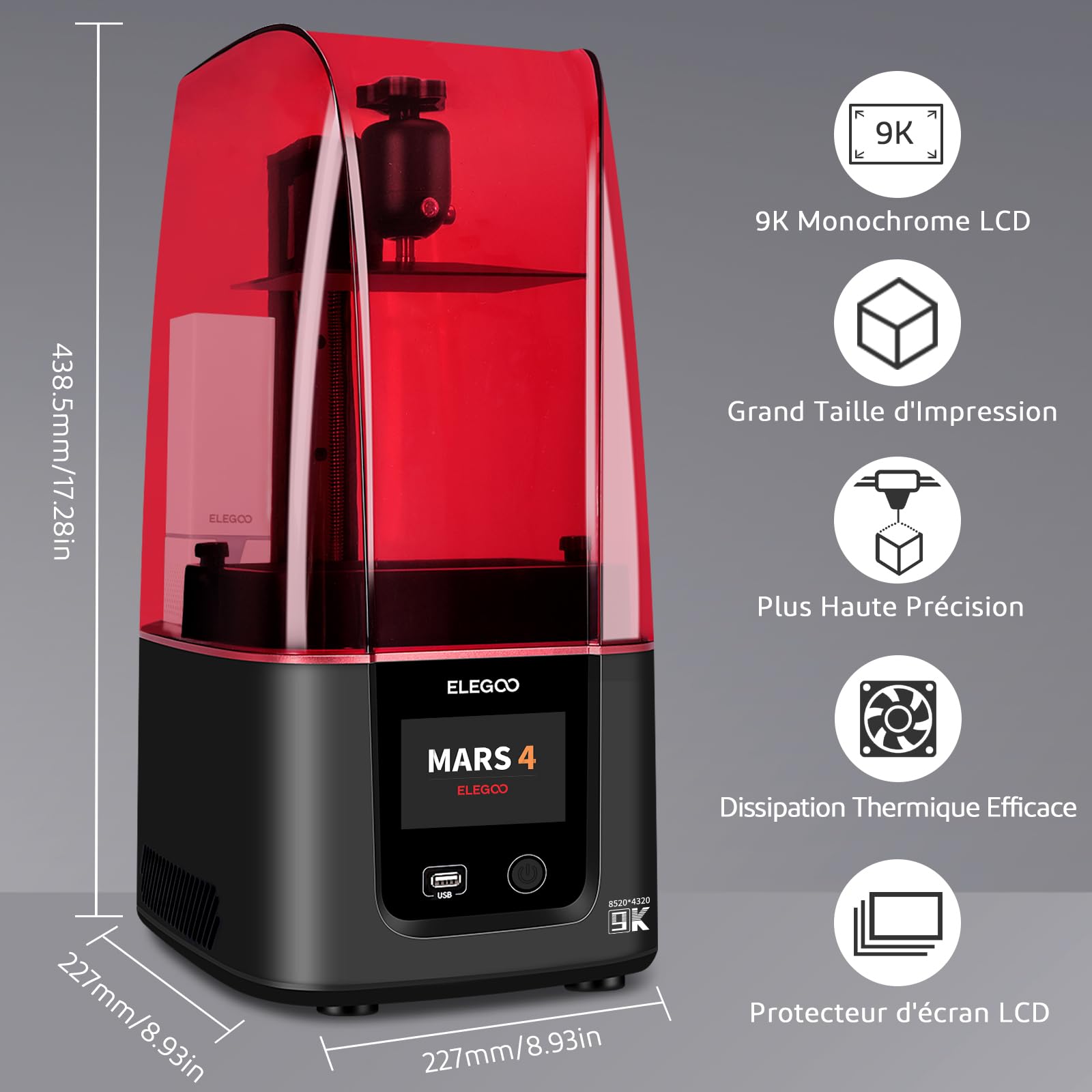 ELEGOO Mars 4 Impresora 3D, Monocromo 9K 7 Pulgadas LCD MSLA Impresora de Resina UV 3D con Purificador de Aire y Varios Modos de Impresión, Tamaño de Impresión Más Grande 153,36x77,76x175 mm³