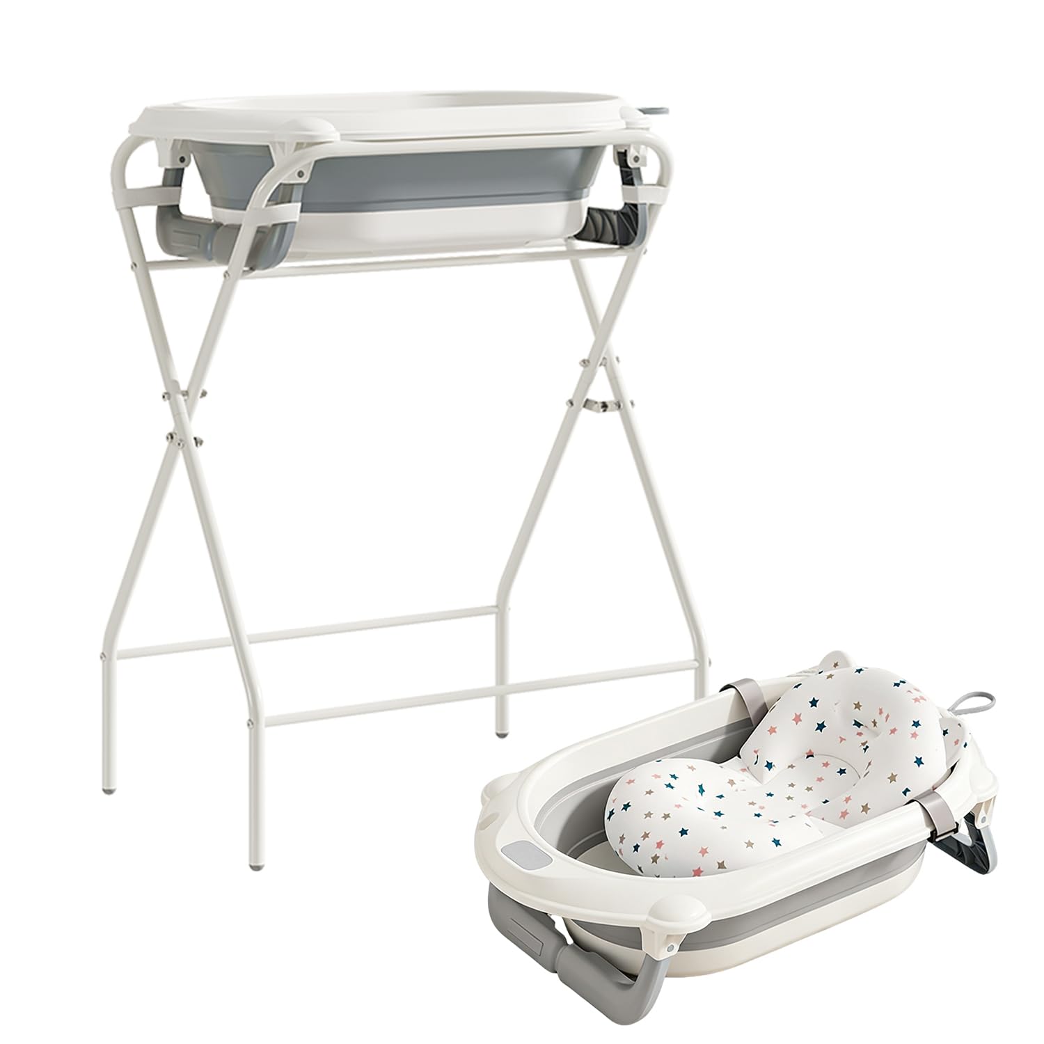 Kynorva Foldable Baby Bathtub with Stand, Water Thermometer & Support Pillow, Ergonomic Tub for Newborn to 12 Months (Grey)