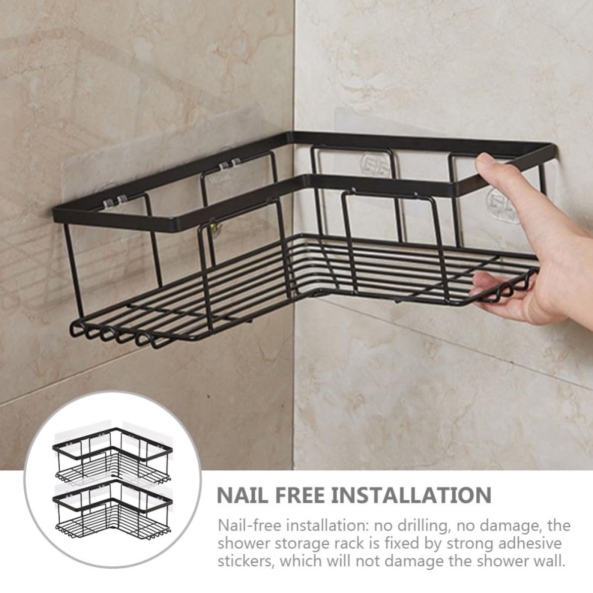 Organizador de Ducha de Esquina Negro 2 Piezas Acero al Carbono Adhesivo Fuerte para Pared de Ducha Pequeña y Estructura Resistente