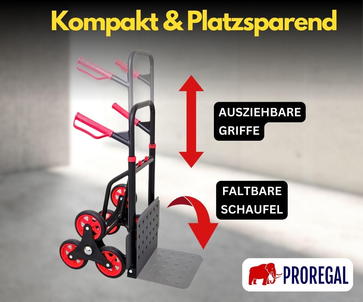 PROREGAL Klappbarer Profi-Treppensteiger Taurus 150kg TÜV Zertifiziert pannensichere Vollgummibereifung 110x45x61cm Rot-Schwarz Sackkarre Transportkarre Staplerkarre