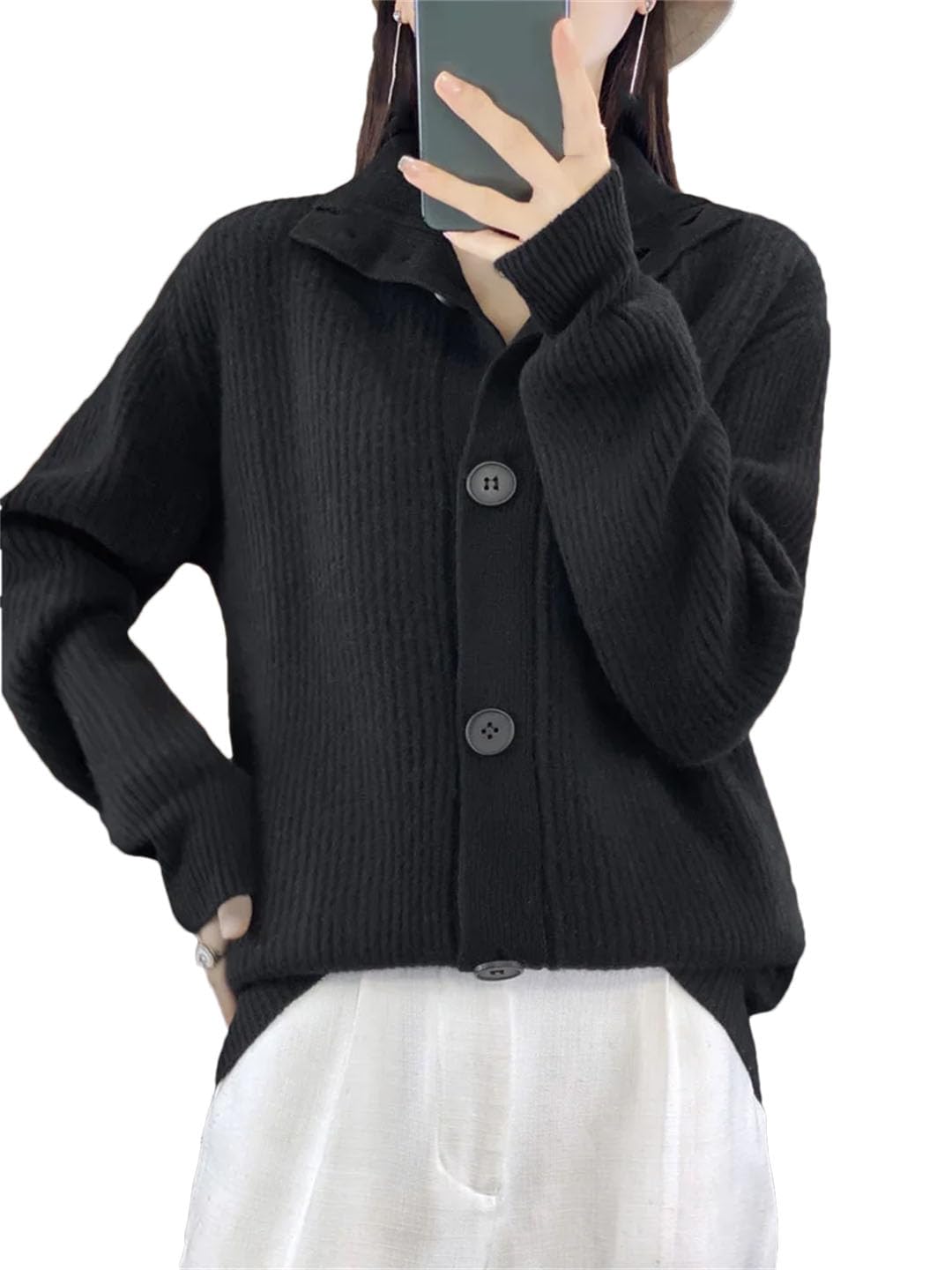 Disimlarl Cárdigan clásico de mezcla de lana para mujer, cuello alto, a rayas, con botones, parte delantera abierta