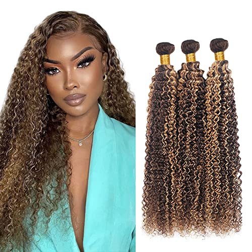 12 14 16 Inch Highlight Kinky Curly Bundles Ombre Human Hair Brazilian Virgin Blonde Kinky Curly 3 Bundles P4/27 Human H
