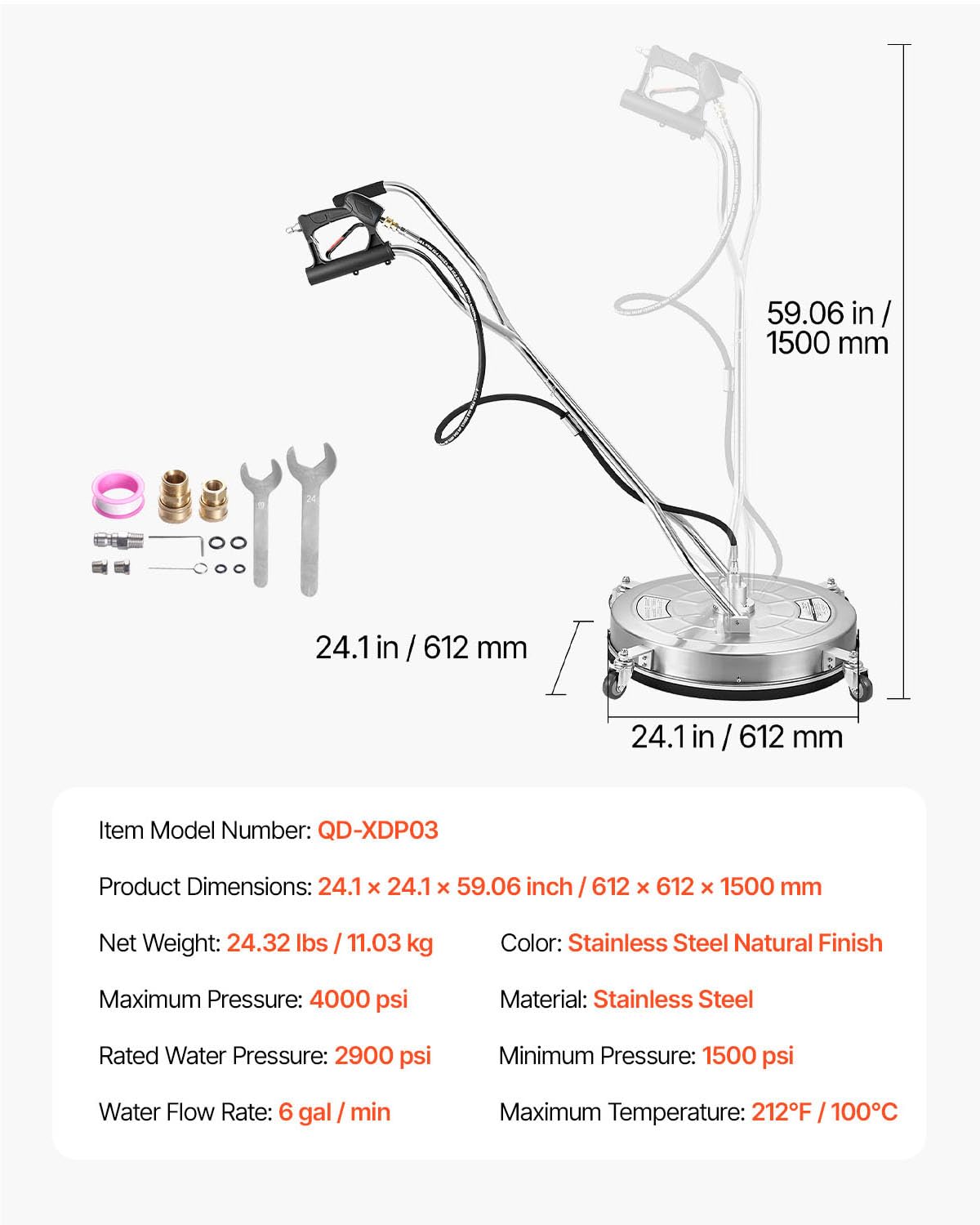 VEVOR Myjka wysokociśnieniowa 612 mm, nasadka do czyszczenia powierzchni ze stali nierdzewnej z 4 kółkami, maks. 276 barów, złącze 0,95 cm, 2 dysze natryskowe do betonowych chodników