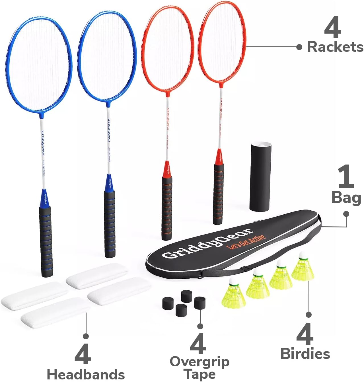GriddyGear Badminton Racket Set—Badminton Equipment of 4 Carbon Fiber Rackets, 4 Birdies, 4 Sweatbands—Portable Set for Kids and Adults—Outdoor Backyard Games and Outdoor Sports Equipment : Sports & Outdoors