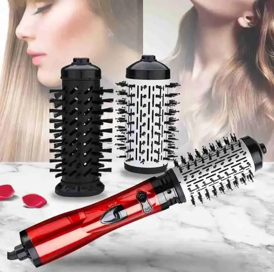 Escova Rotativa Secadora de Cabelo 2 em 1 com Rotação Automática Seca, Alisa e Modela Escova Modeladora com 2 Cabeças Intercambiáveis para Volume e Alisamento