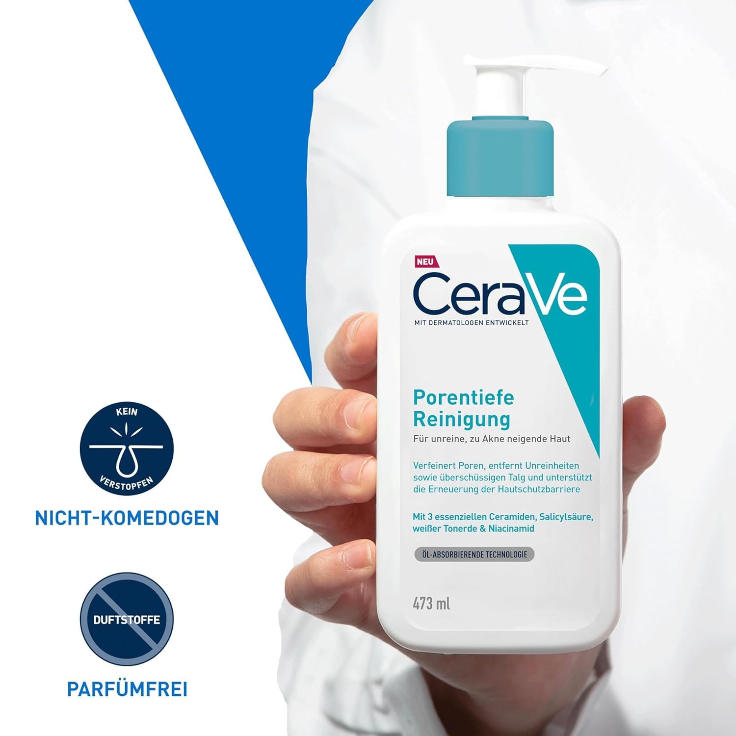 CeraVe Porentiefe Reinigung, Schäumendes Reinigungsgel mit Salicylsäure für das Gesicht bei unreiner und zu Akne neigender Haut, 473ml