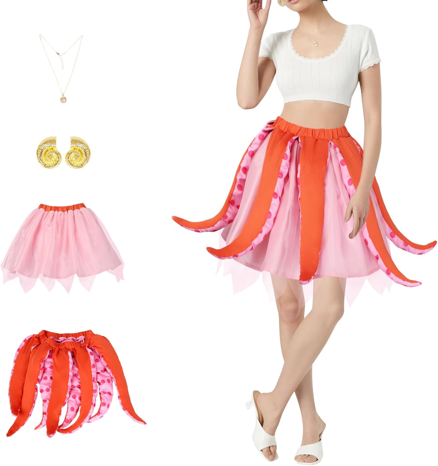 Women's Halloween Octopus Costume Set – Tentacle Tutu Skirt, Conch Necklace & Earrings, Witch Cosplay Outfit - Image 7