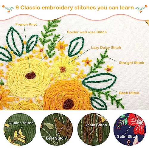 Mocoosy 3 Pack Embroidery Starter Kit With Pattern And Instructions, Stamped Embroidery Kit For Beginners, Cross Stitch Sets Sewing Craft Include 3 Embroidery Fabric, 3 Bamboo Hoops And Color Threads #TOP3