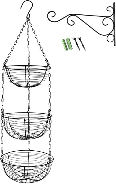 HULISEN 3 Tier Hanging Fruit Basket with Installation Bracket, Vegetable Storage for Kitchen, Heavy Duty Wire Produce Hang...