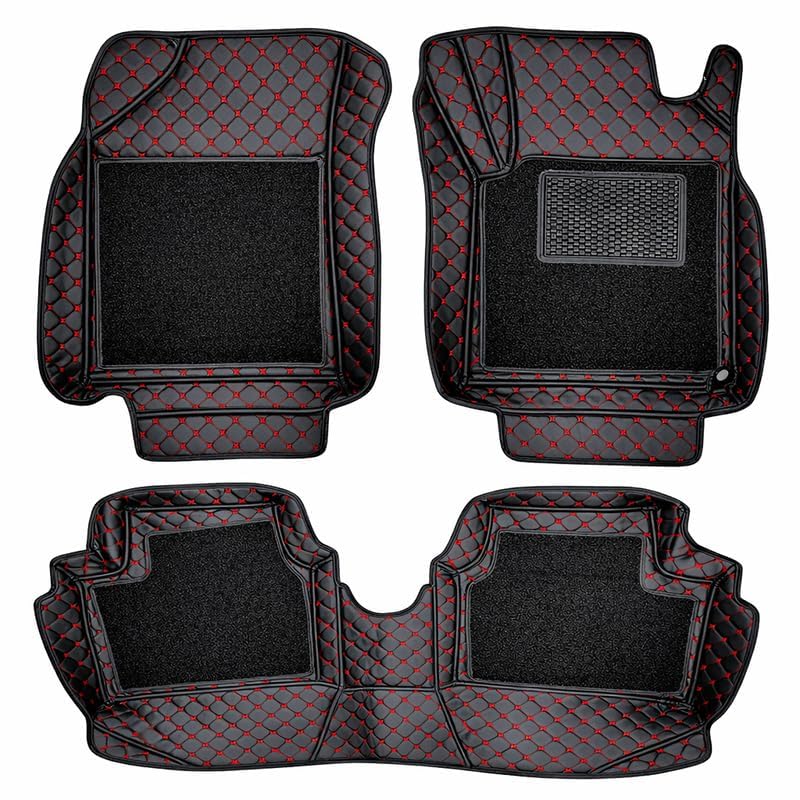 Image of Premium 7D car mat Full Set for Kia Carens 7-Seater (Model : 2022-2025) Luxury Leather Double Car Floor Mat Complete Set || 100% Waterproof and Washable Color : Black-Red (Design-1)