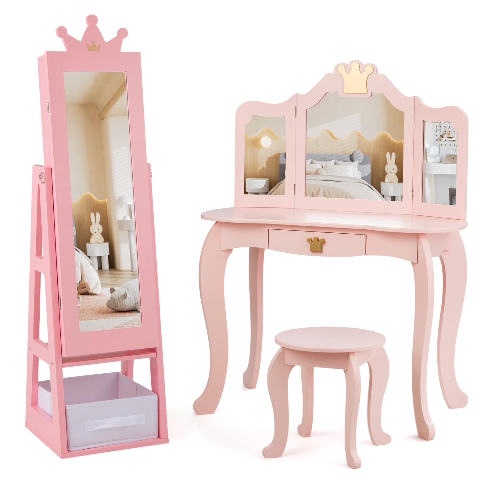 GLACER Kids Vanity & Kids Jewelry Armoire, Toddler Makeup Vanity w/Tri-Fold Mirror & Drawer, Standing Child Jewelry Organizer w/Full-Length Mirror, Foldable Drawer, Kids Bedroom Furniture (Pink)