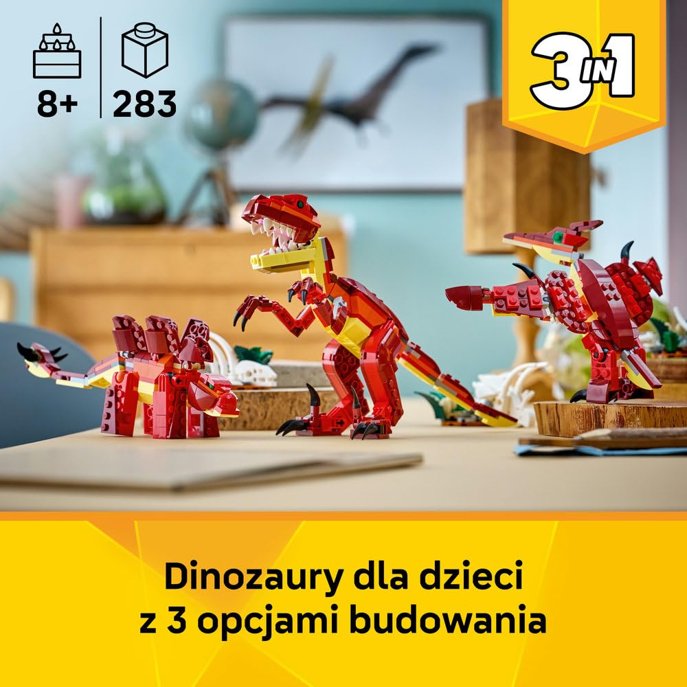 LEGO Creator 3 w 1 Groźny dinozaur, trzy opcje budowania: welociraptor, stegozaur lub pterozaur, zabawka konstrukcyjna dla chłopca i dziewczynki, prezent dla dzieci w wieku od 8 lat 31379