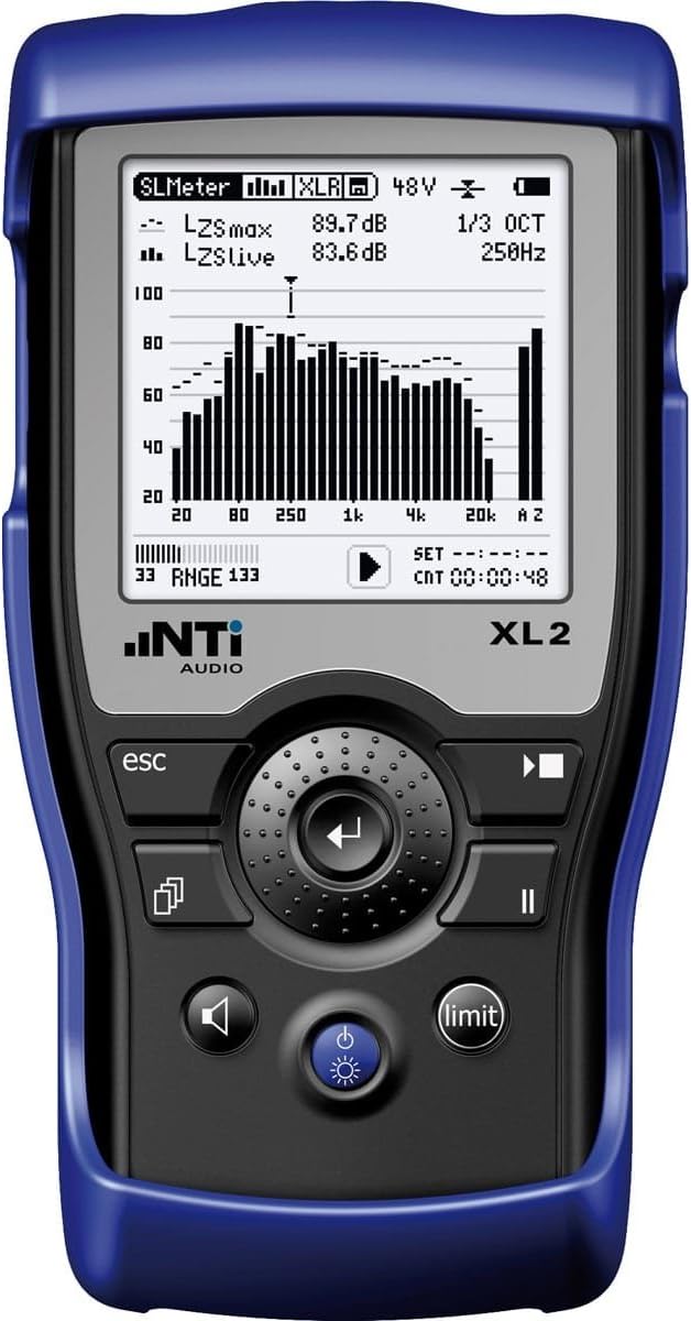 NTI XL2 Audio and Acoustic Analyzer, angled view showing display