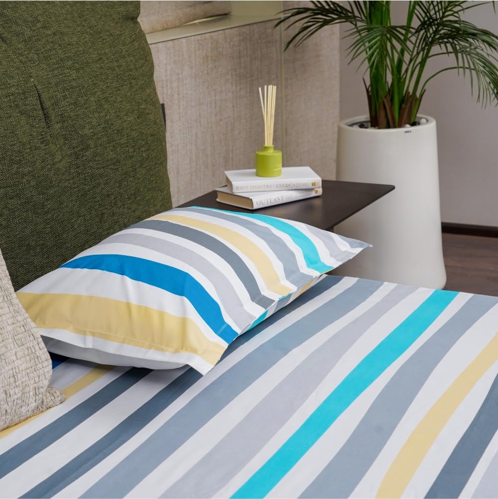 Urban Space Serene 100% Cotton 200 TC Bedsheet for Double Bed, Bedsheet Queen Size Cotton, Double Bedsheet Cotton with 2 Pillow Covers (Size 88 x 100 inches, Multicolour Stripes - Blue) (B0CPFQFDFT) Amazon Price History, Amazon Price Tracker