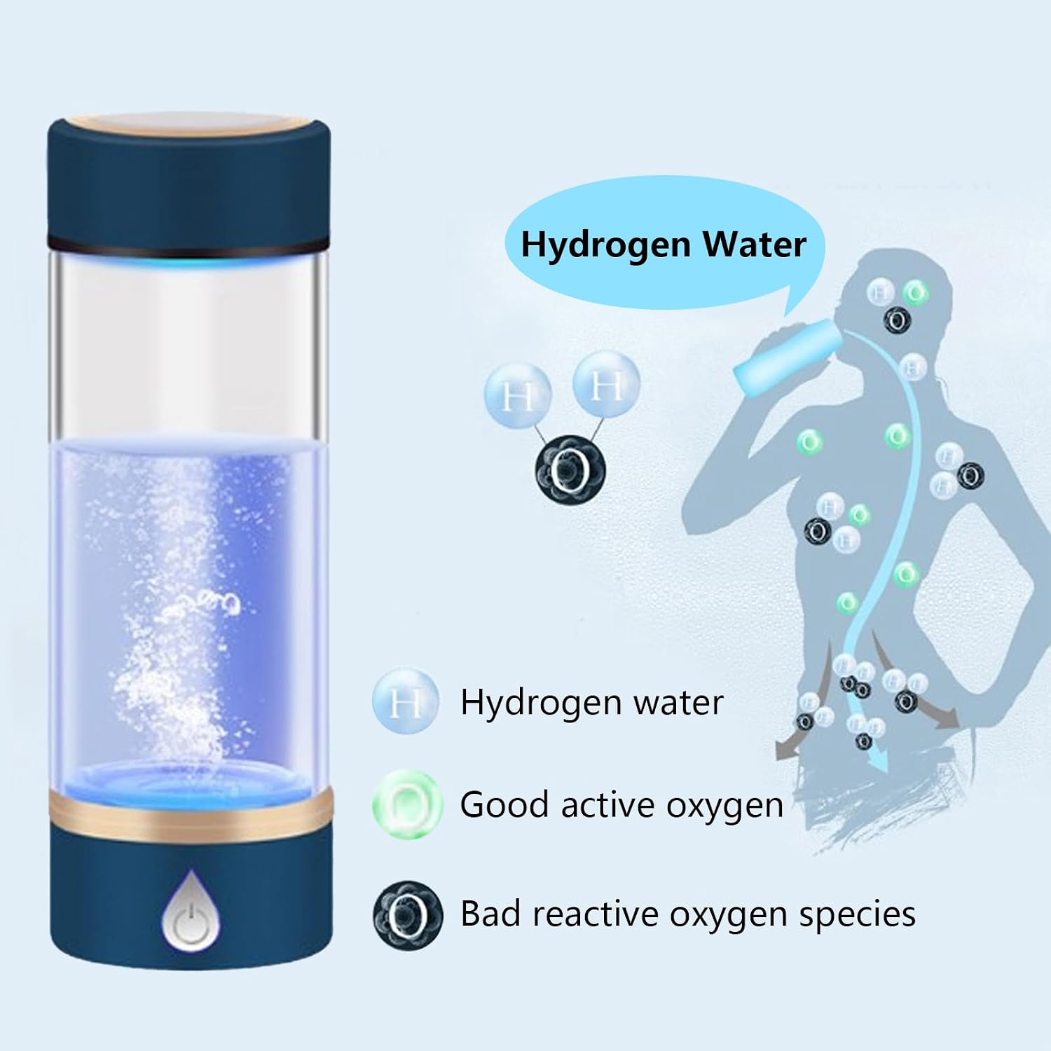 Hydrogen Water Bottle Generator, Portable Hydrogen Water Ionizer – 380ml Rechargeable Hydrogen Water Machine for Home, Office & Travel – Hydrogen Water Bottle with USB Charging (Blue)