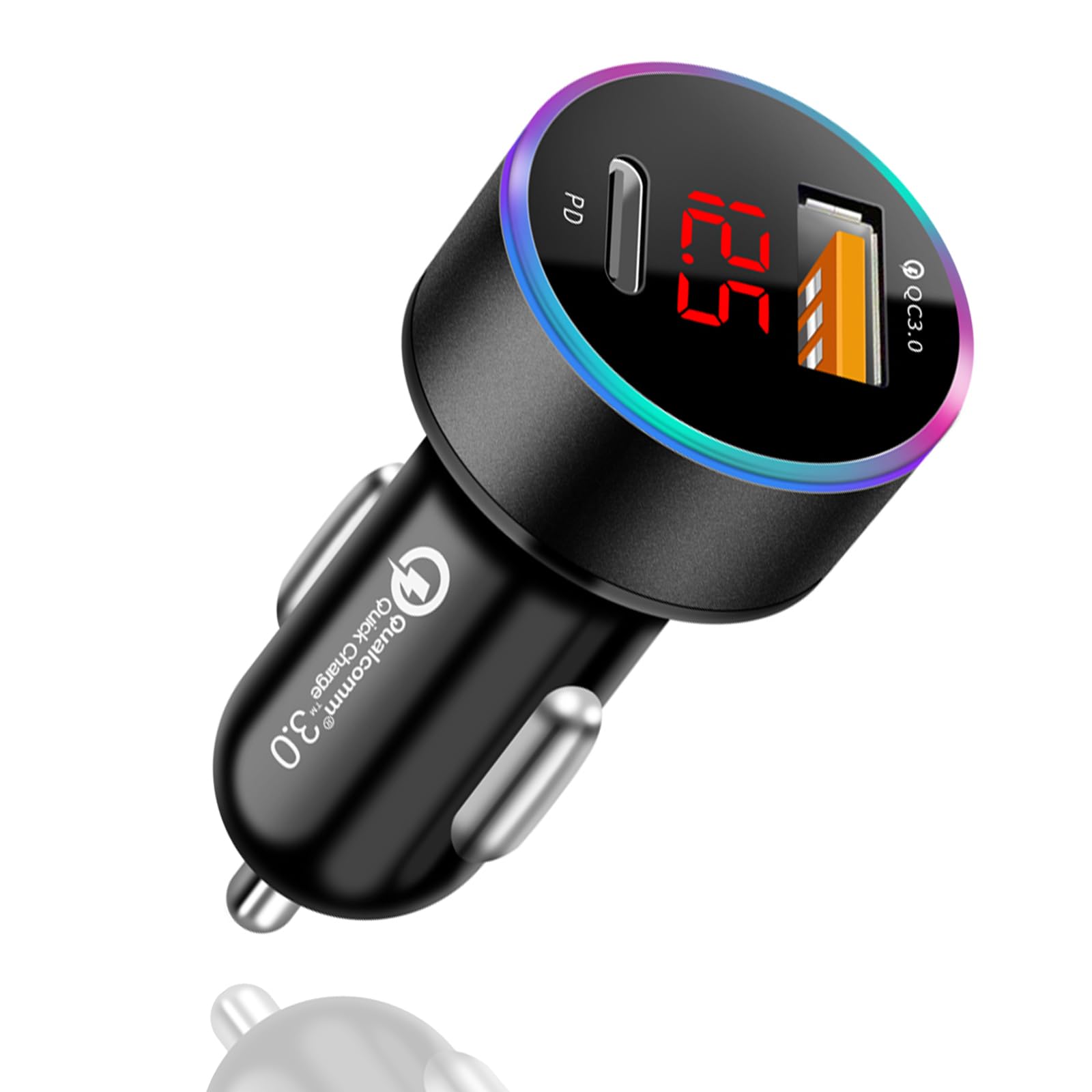 ANYOI 対応 シガーソケット usb QC3.0/PD30W 2連ポート車載充電器 シガライター電源ソケット 耐久性/軽量 シガーソケット 急速充電 LEDデジタルディスプレー搭載 車 usb 12V～24V車兼用(ブラック）