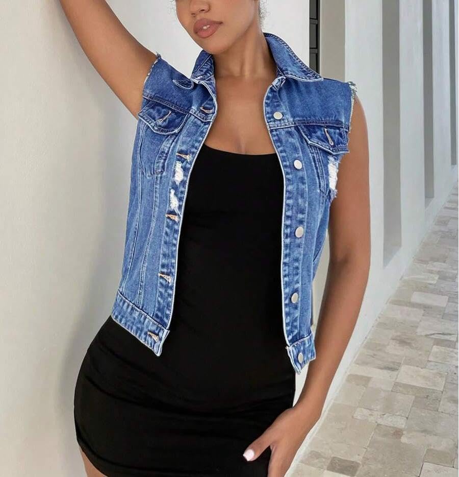 DvaeMalligo Women's Cropped Denim Vest Top Button Down Sleeveless Jean Jacket Waistcoat Gilet with Pockets - Image 5