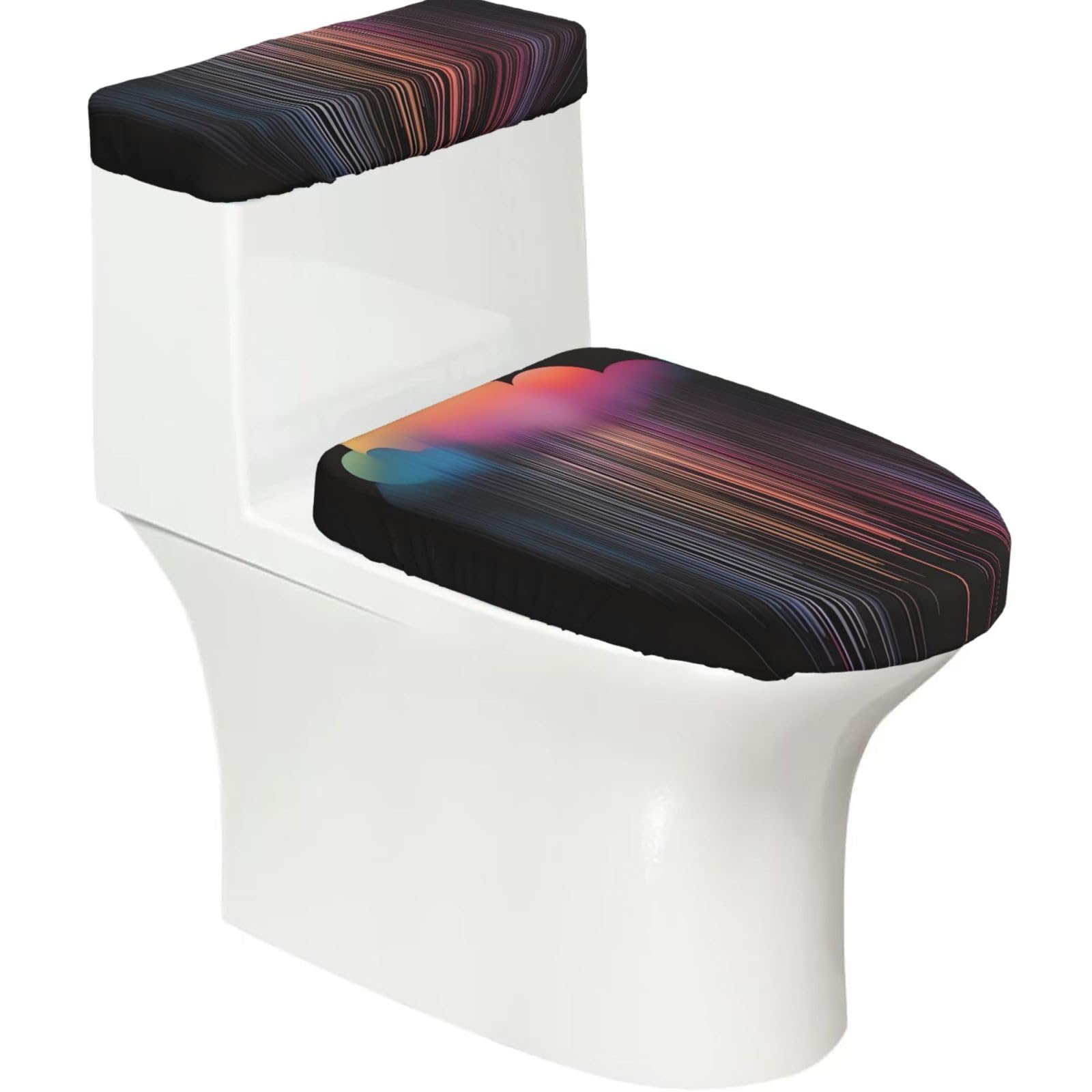 Cntdbu Black Colorful Rainbow Rain Stretchy Toilet Lid And Tank Cover Set-Soft Elastic Bathroom Decor For U Shape Oval