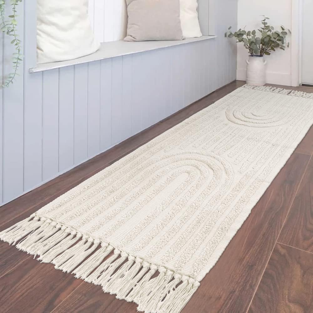 Boho-Badezimmerteppiche, böhmischer Küchenläufer, Bauernhaus-Eingangsteppich aus Baumwolle für Schlafzimmer/Waschküche, gewebter Teppich. (Beige Rainbow, 60 x 180 cm)