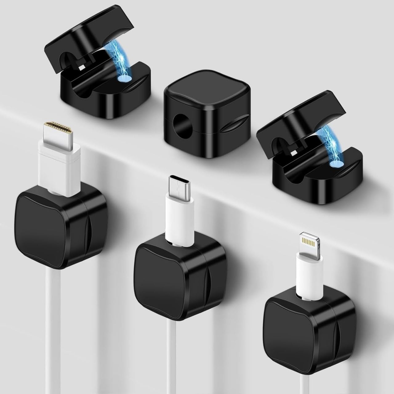Cable Clips Cord Management System with Lightning, Type-C, HDMI, AUX Connectors, Set of 6, Cord Organizer, Cable Holder.