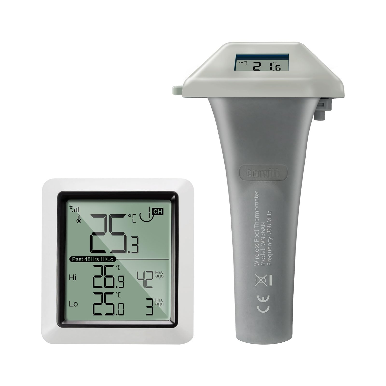 ECOWITT Termómetro inalámbrico para piscina WN0298, sensor de temperatura flotante fácil de leer para piscinas, agua de baño y jacuzzi, pantalla LCD interior, acoplamiento con 8 canales WN31/WN30