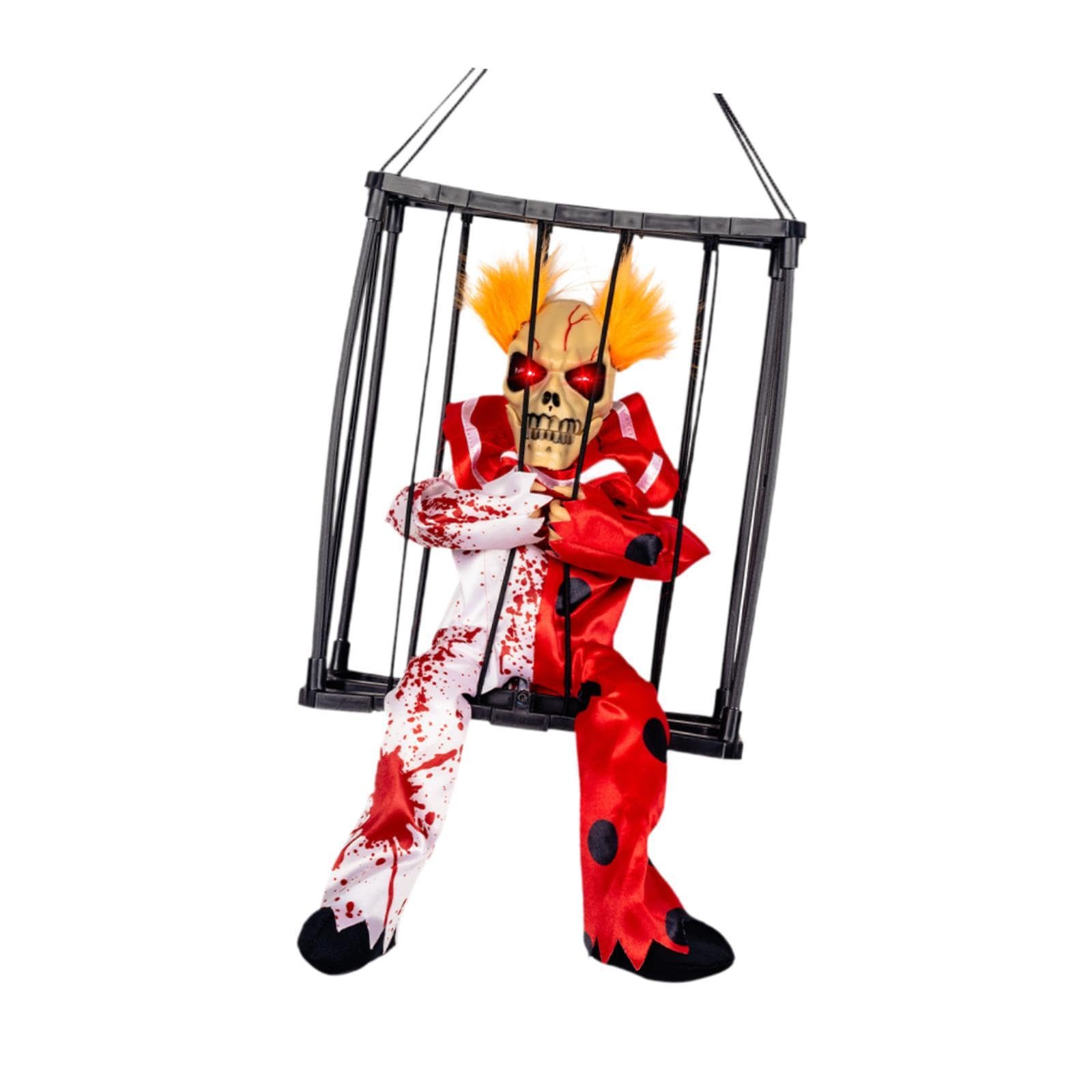 Halloween Hängehorrorfigur Skelett Gefangener Käfig mit Sprechender Dekoration Leuchtende Augen Schreifunktion Pp Material für Hausparty Gartendekorat, Rot-Weiss
