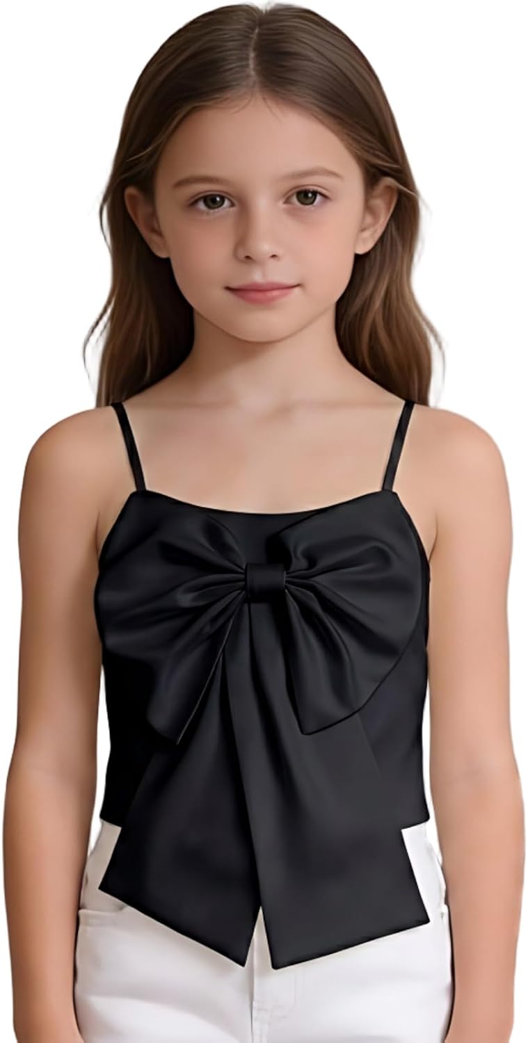 Kids Girls Tank Tops Cute Bow Spaghetti Strap Crop Tops Summer Casual Backless Solid Lightweight Breathable Vests Girls