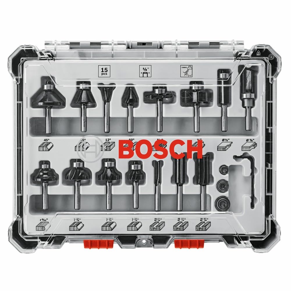 BOSCH 15 pc. Carbide-Tipped Wood Router Bit Set