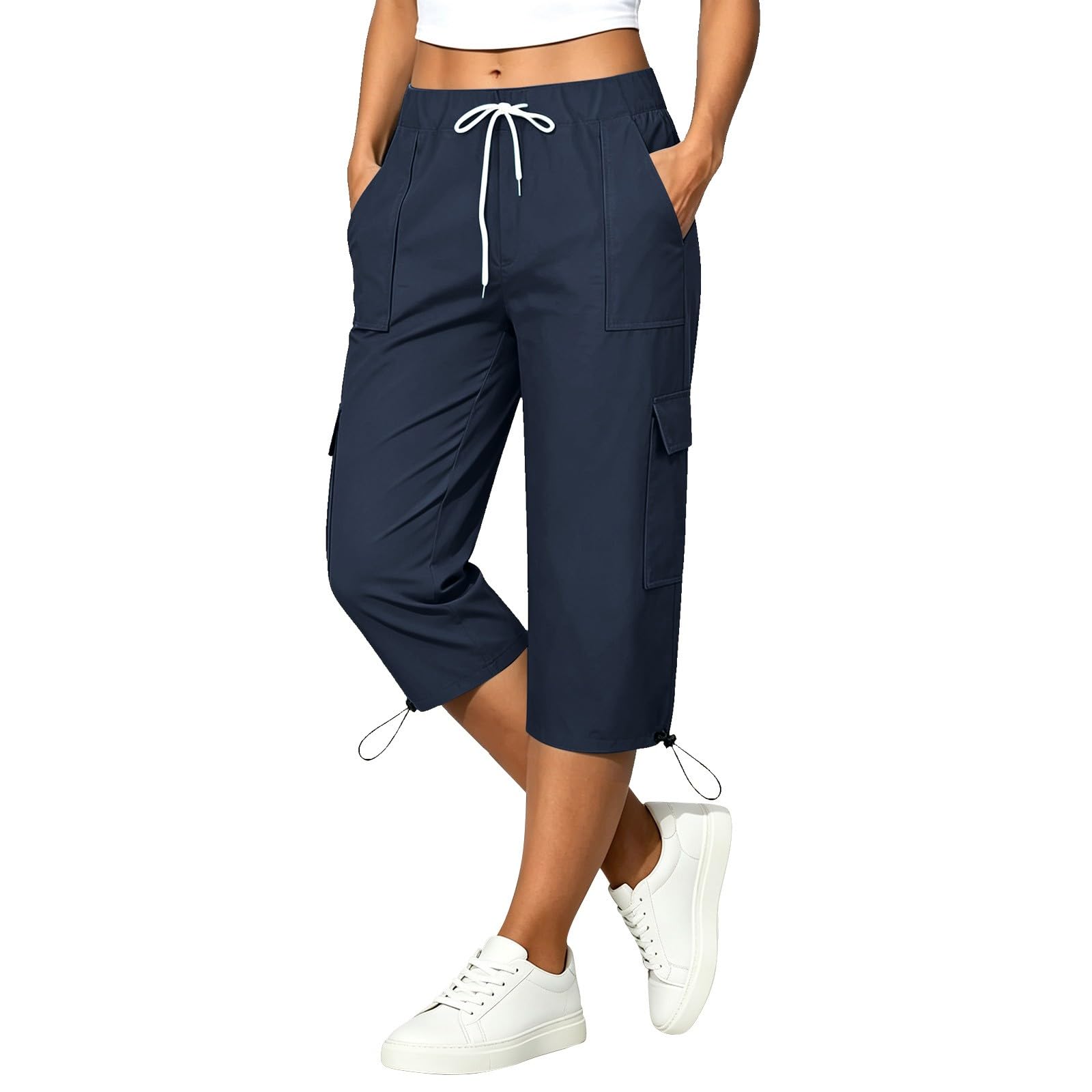 Pantaloni capri da donna in morbido cotone, pantaloni cargo con tasche e | Pantaloni estivi in mussola per il tempo libero, traspiranti e leggeri, casual, da lavoro, da trekking, tinta unita