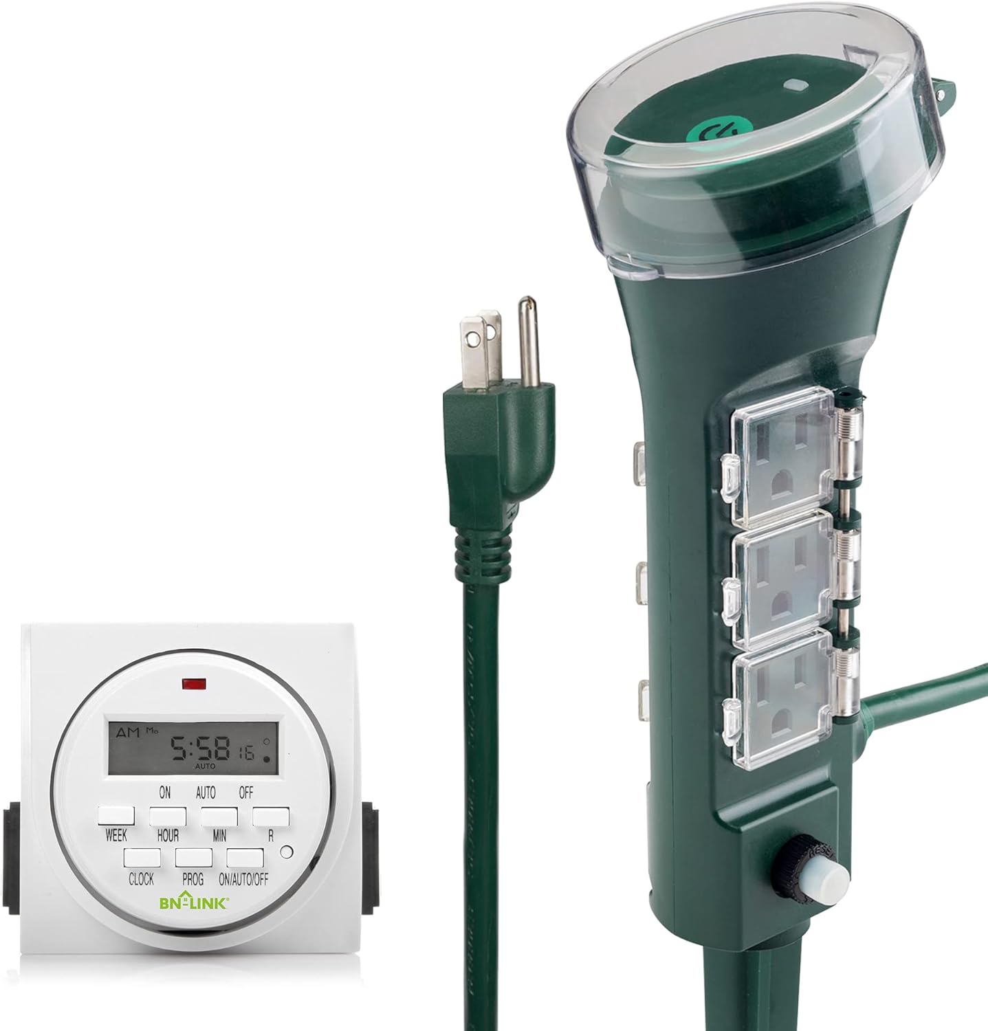 BN-LINK 7 Day Heavy Duty Digital Programmable Timer, Indoor Dual Outlet Security UL Listed/BN-LINK 6 Outlets Outdoor Power Stake with 6ft Long Cord