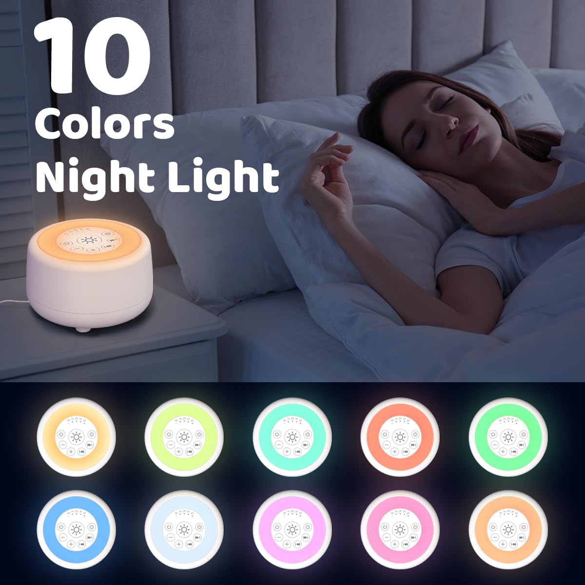 Sleepbox Geräuscharmes Gerät mit 25 beruhigenden Geräuschen und 10 Farben, warmes Nachtlicht, 4 Helligkeitsstufen, 32 Lautstärkestufen, 5 Timer und Memory-Funktion, für Babys, Kinder, Erwachsene,