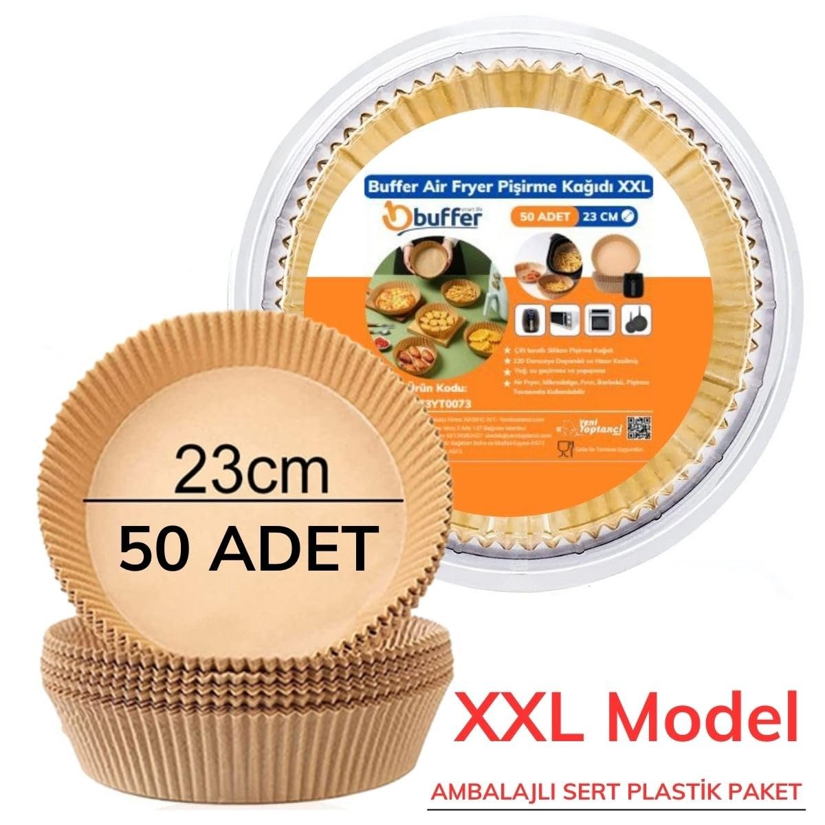 BUFFER® 50 Adet Air Fryer Pişirme Kağıdı Tek Kullanımlık Yağ Geçirmez 23 Cm Yuvarlak Pişirme Kağıdı XXL