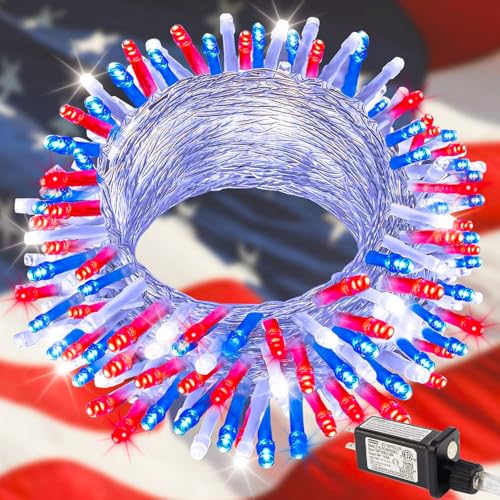 Wotilzeen 4th of July Lights, 200 LED 66ft Red White and Blue Patriotic String Lights Plug-in, 8 Modes &Timer Waterproof for Outdoor Indoor Independence Day, Memorial Day, Holiday Decor