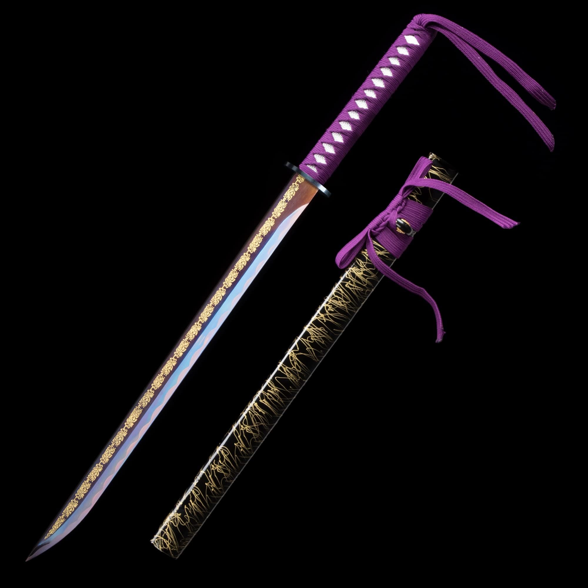 JZSWORDS Katana Sword, Fully Handmade Japanese Sword 1040 High Carbon Steel Real Samurai Sword with Delicated Floral Design Engraved on Blade