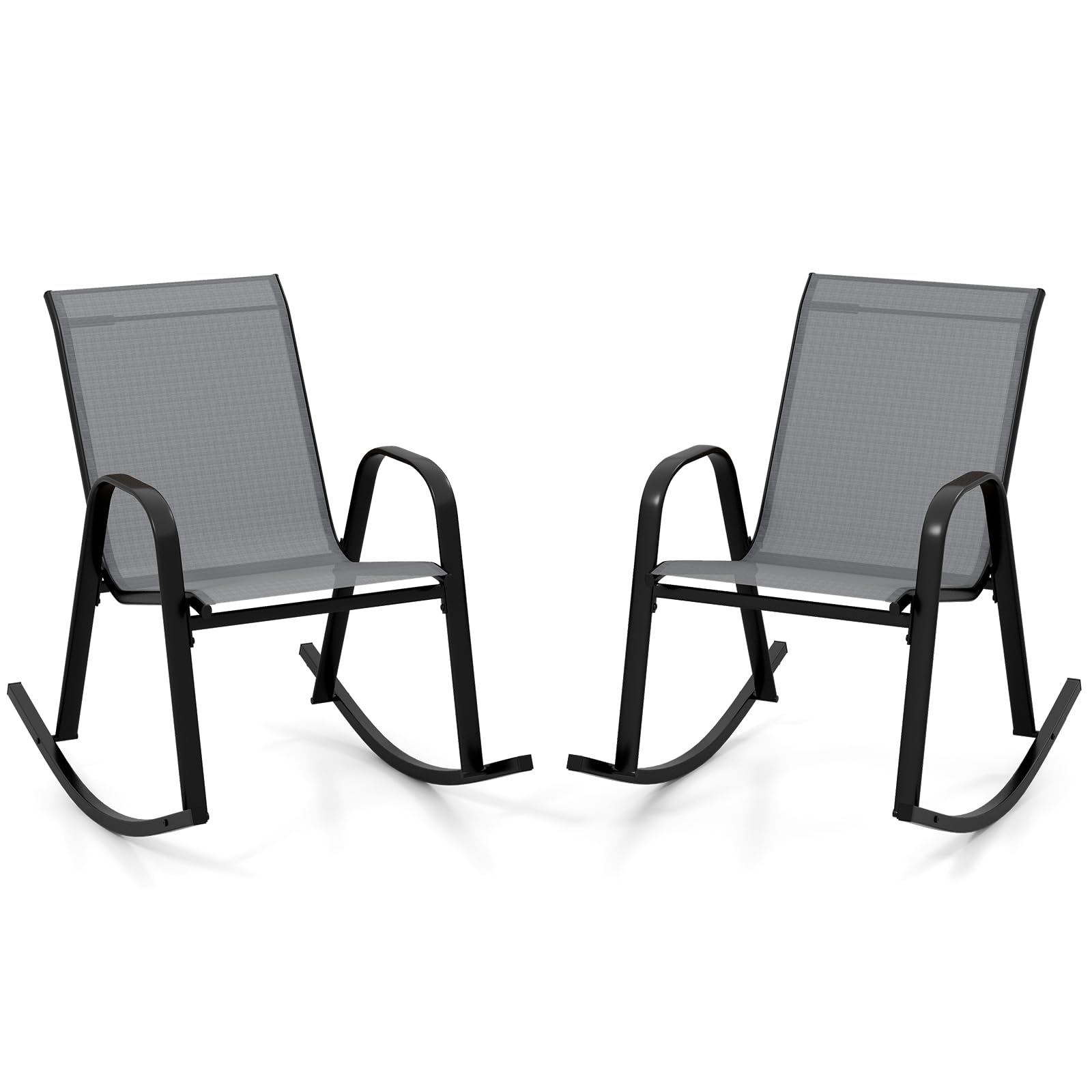GOPLUS Schaukelstuhl 2er Set, Gartenstuhl atmungsaktiv mit ergonomischer Rücklehne & Armlehne, Balkonstuhl bis zu 150kg, Verandaschaukelstuhl Terassenstuhl für Garten Veranda Pool (Grau)