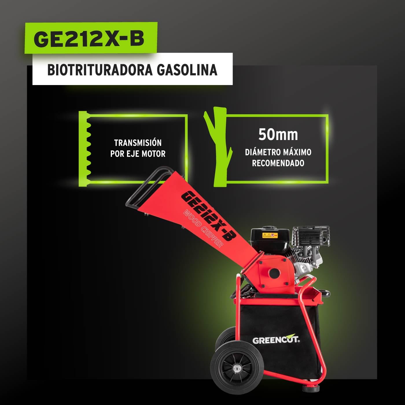 GREENCUT GE212X-B - Biotrituradora de Gasolina 212cc 7cv , Tritura Ramas Hasta 50mm, Incluye Saco de 64L, con Ruedas y Asa para Transporte Roja