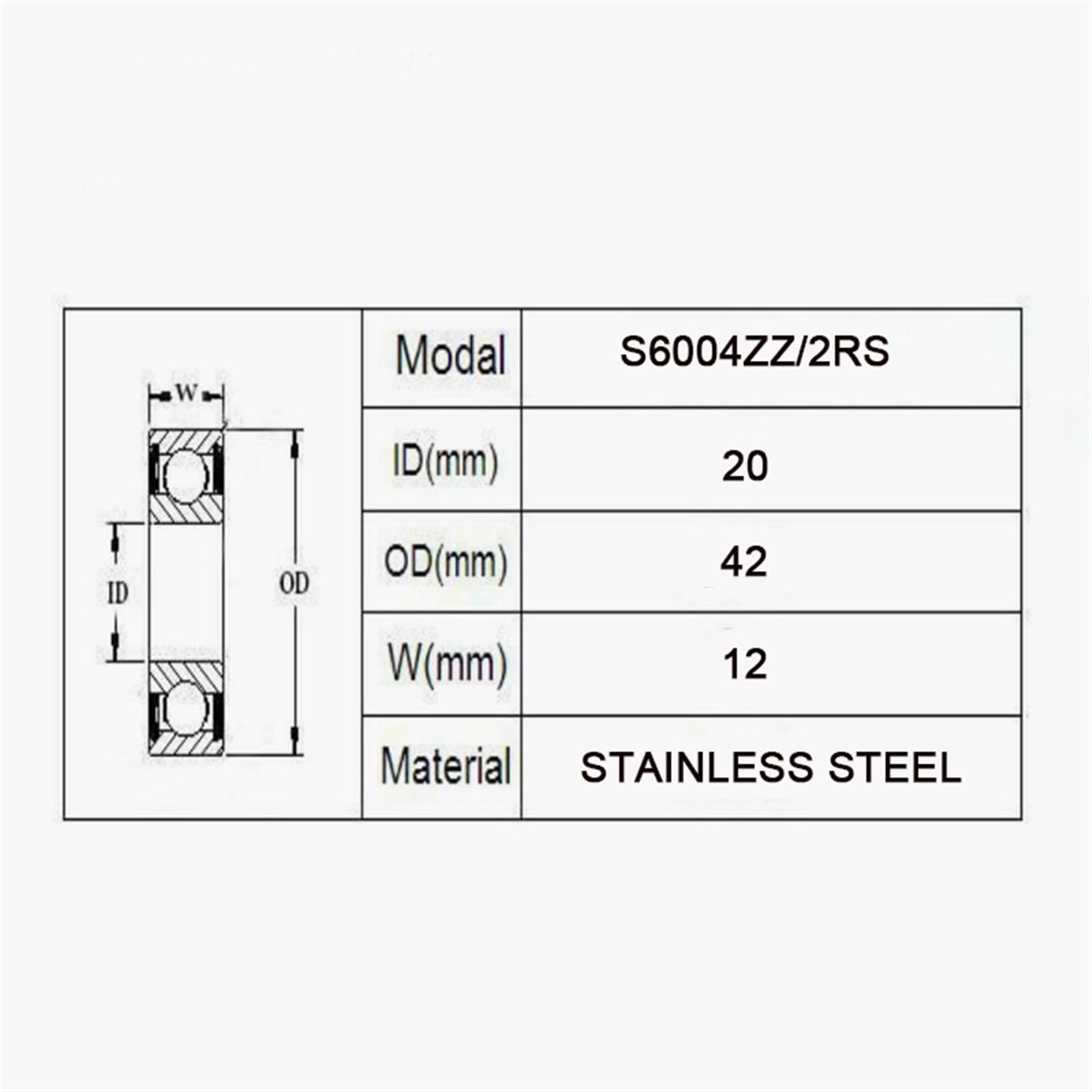 Rodamiento de Bolas Ranura Profunda S6004 ZZ 2RS Acero Inoxidable 304 20 x 42 12 mm(2Pcs)