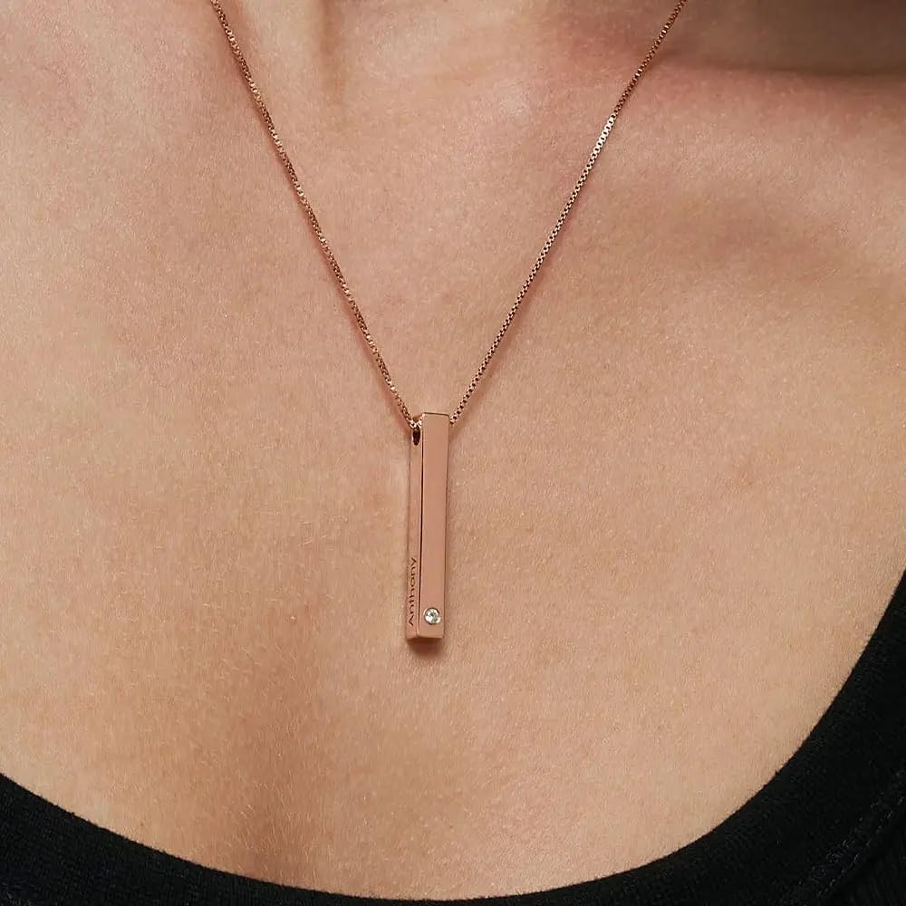 MyNameNecklace Personalized Vertical 3D Totem Bar Necklace with Custom Inscriptions - Diamond or Cubic Zirconia Options - Engraved Gift for Her, Women - Dainty Gift for Christmas, Mother's Day