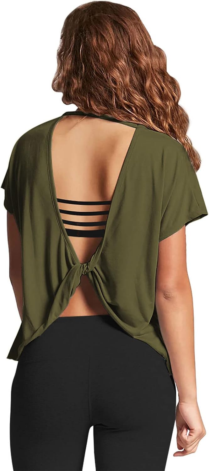 Mippo Womens Open Back Workout Tops Loose Short Sleeve Athletic Gym T Shirts