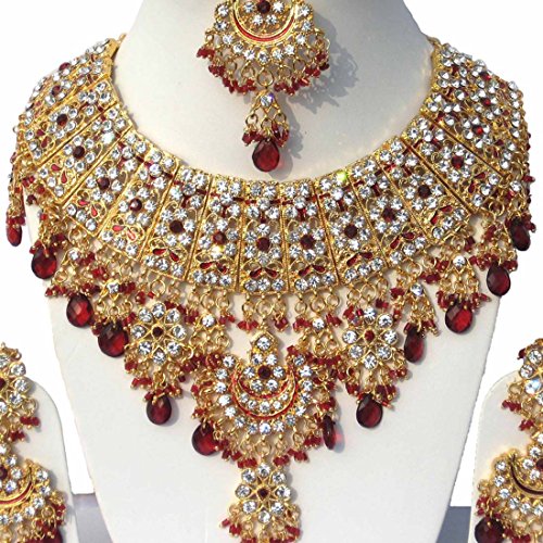 Finekraft Collier de mariée plaqué or style Bollywood avec perles et zircons cubiques, avec tikka et boucles d’oreilles… – Image 4