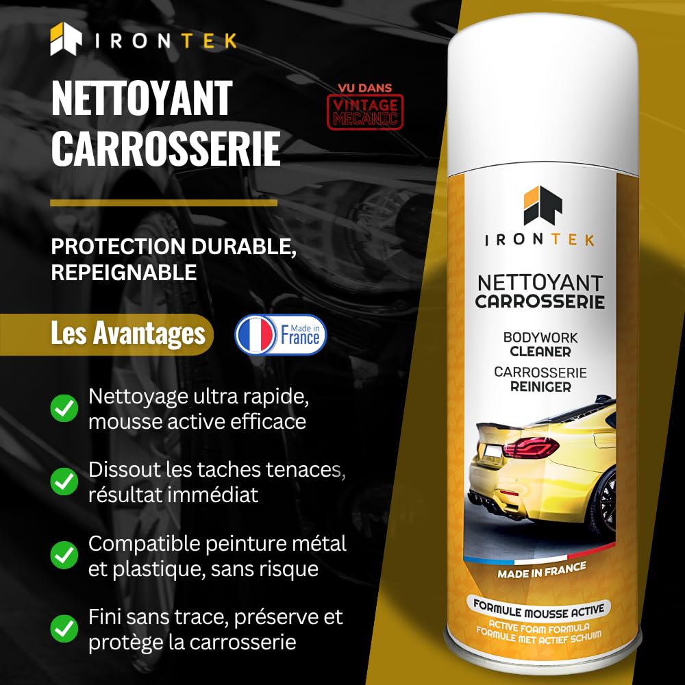 Nettoyant Carrosserie 500ml - IRONTEK | IT231 | Goudron Graisse Pollution Platane | Aérosol Dégraissant | Solvants Naturels | Aucune Trace
