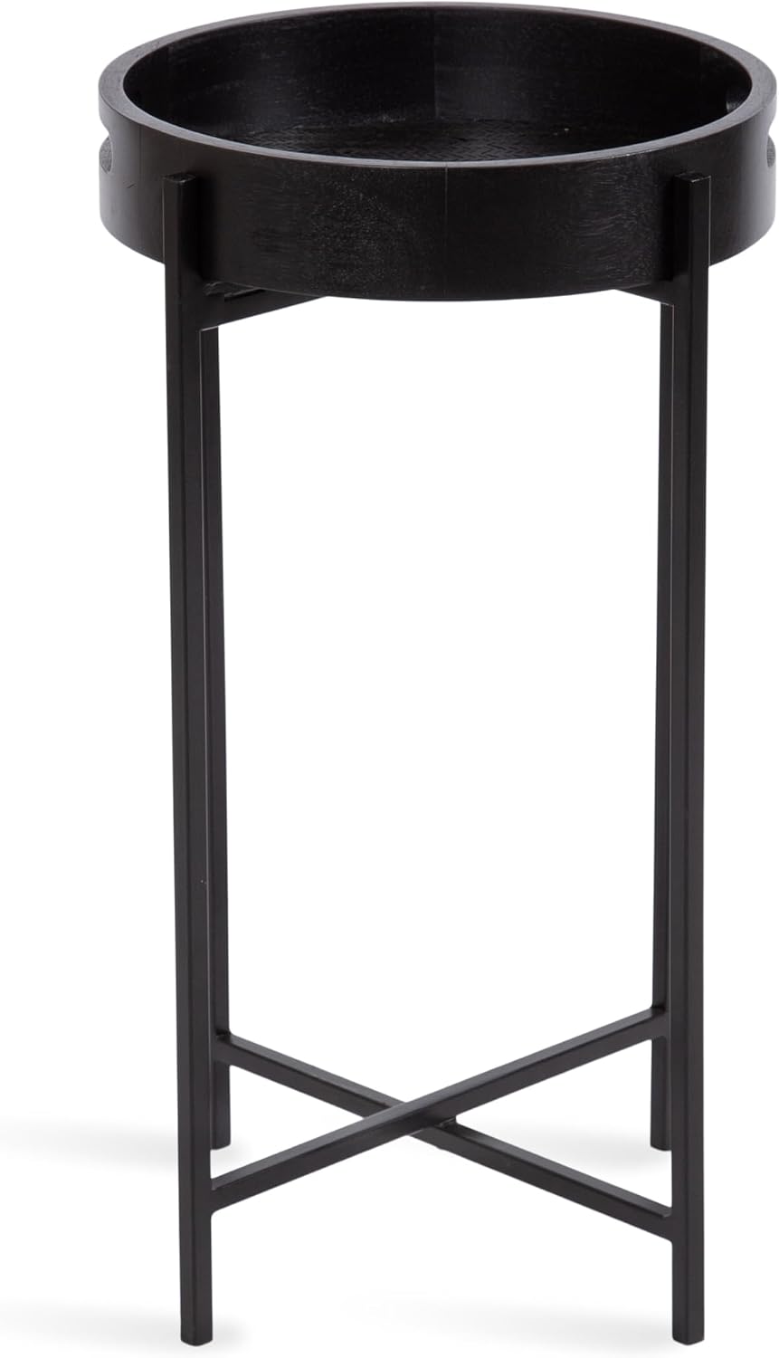 Kate and Laurel Smita Metal and Wood Round Accent Tray Table; 14 x 14 x 24; Black; Transitional Small Nightstand Table with a Woven Cane Tray Tabletop or a TV Table for Eating
