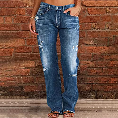 Womens Loose Distressed Jean Baggy Ripped Straight Leg Mid Waist Boyfriend Denim Pants3