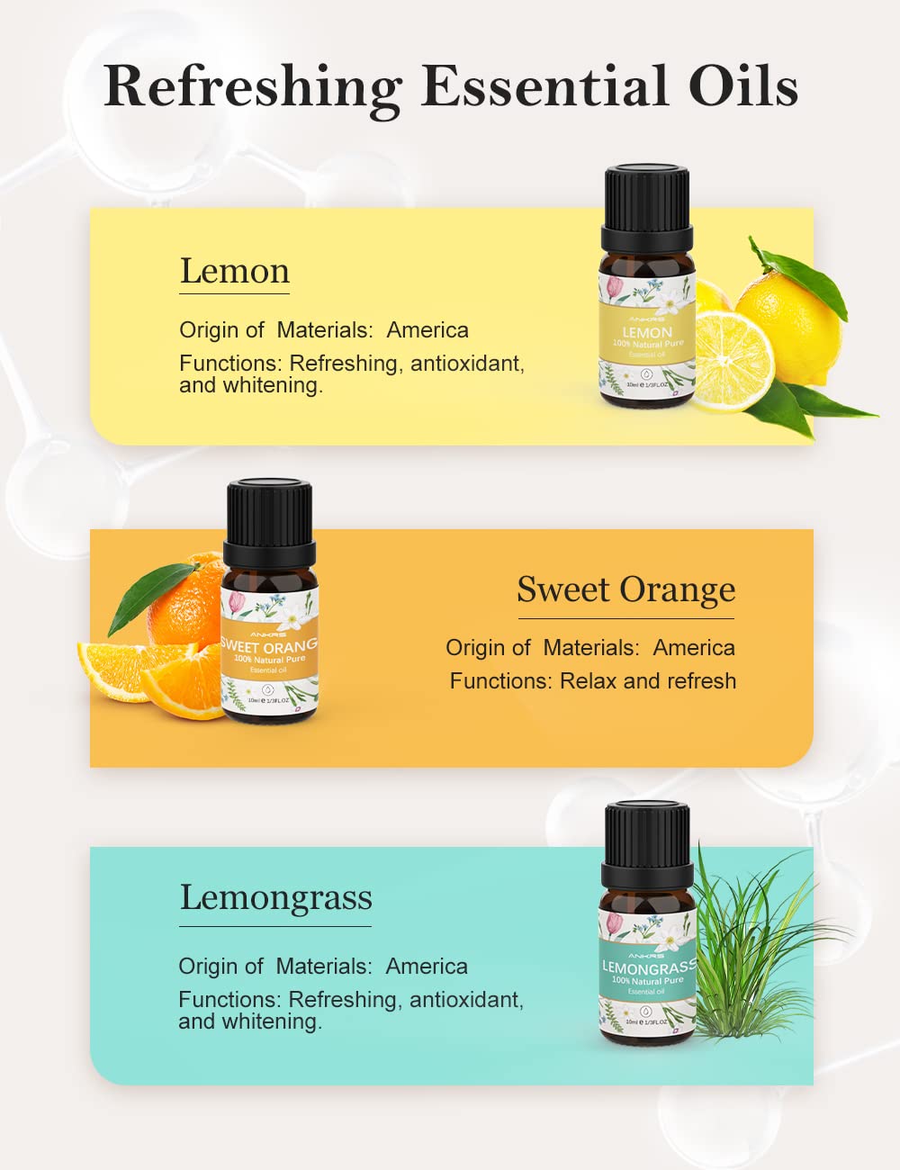 Set d'Huiles Essentielles 10x10ml 100% Naturelles pour Diffuseur d'Aromathérapie - Tea Tree Oil, Eucalyptus, Peppermint, Lemon, Orange, Lemongrass, Lavender, Rose, Ylang-Ylang, Vanilla