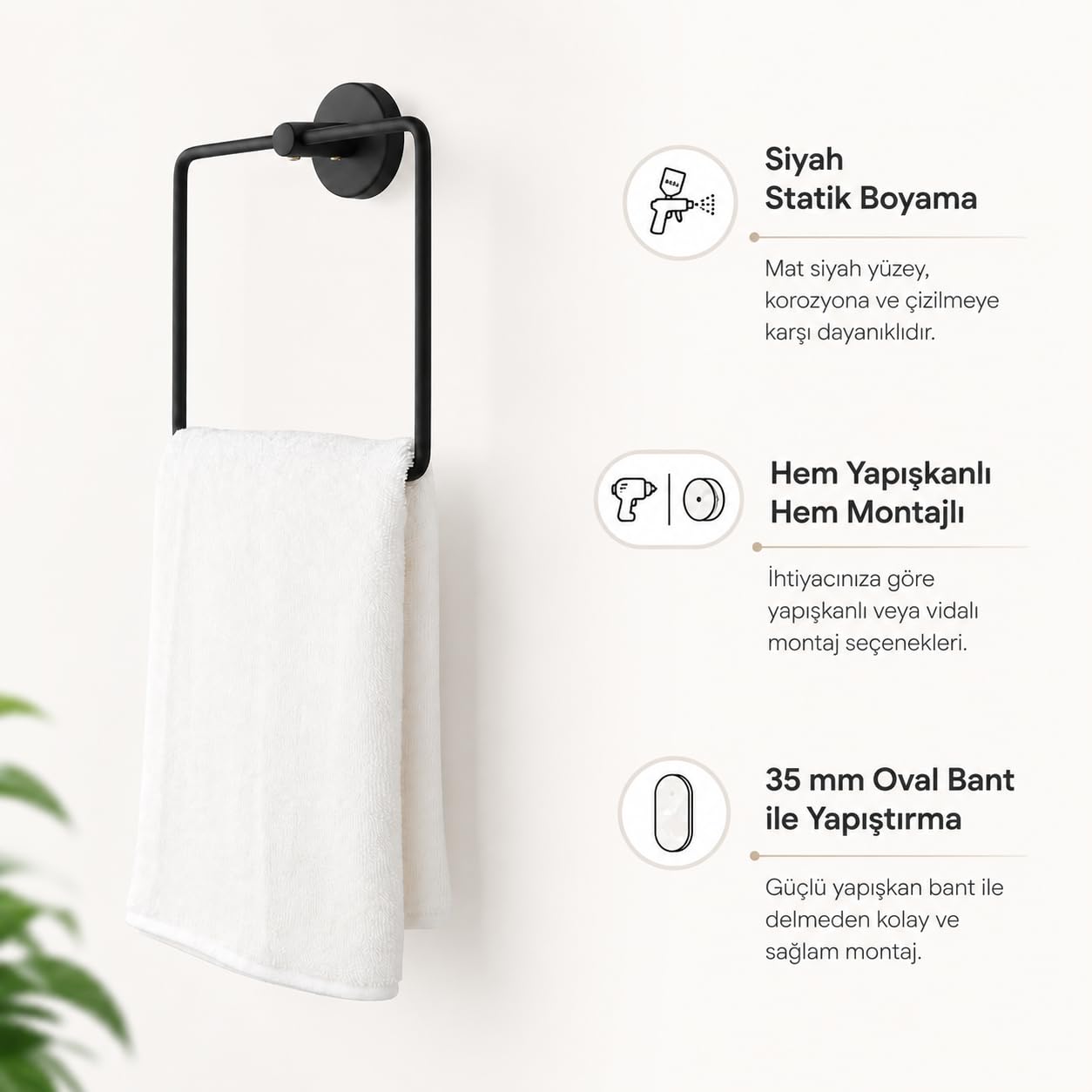 Alper Banyo Lotus Siyah Kare Havluluk, Yapışkanlı ve Vidalı Montajlı Banyo Havlu Askısı, Mat Siyah Statik Boyama, 35 mm Oval Bantlı Duvar Havluluk, Metal