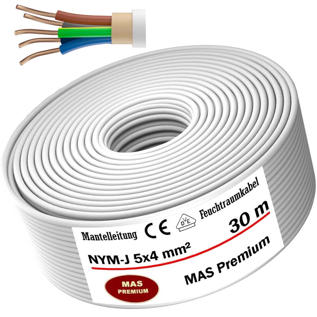 MAS Premium Kabel zasilający do wilgotnych pomieszczeń 5-200 m przewód płaszczowy NYM-J 3 x 1, 5 2,5 4 6 10 lub 5 x 1,5 2,5 4 6 10 16 kabel elektryczny do stałego montażu (NYM-J 5 x 4 mm², 30 m)