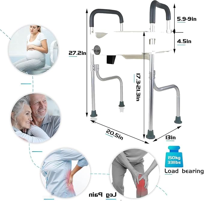 Asiento elevador para inodoro, asiento elevado con agarraderas y patas ajustables en altura para inodoros estándar y alargados, resistente hasta 136 kg, marco de seguridad para baño miniatura 2