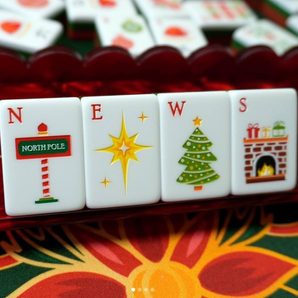 Set di Tessere Mahjong, Tessere Mahjong Americane a 4 Strati con Stampa a Tema Natalizio, Set 160 Pezzi per Casa, Viaggi E Serate di Gioco.