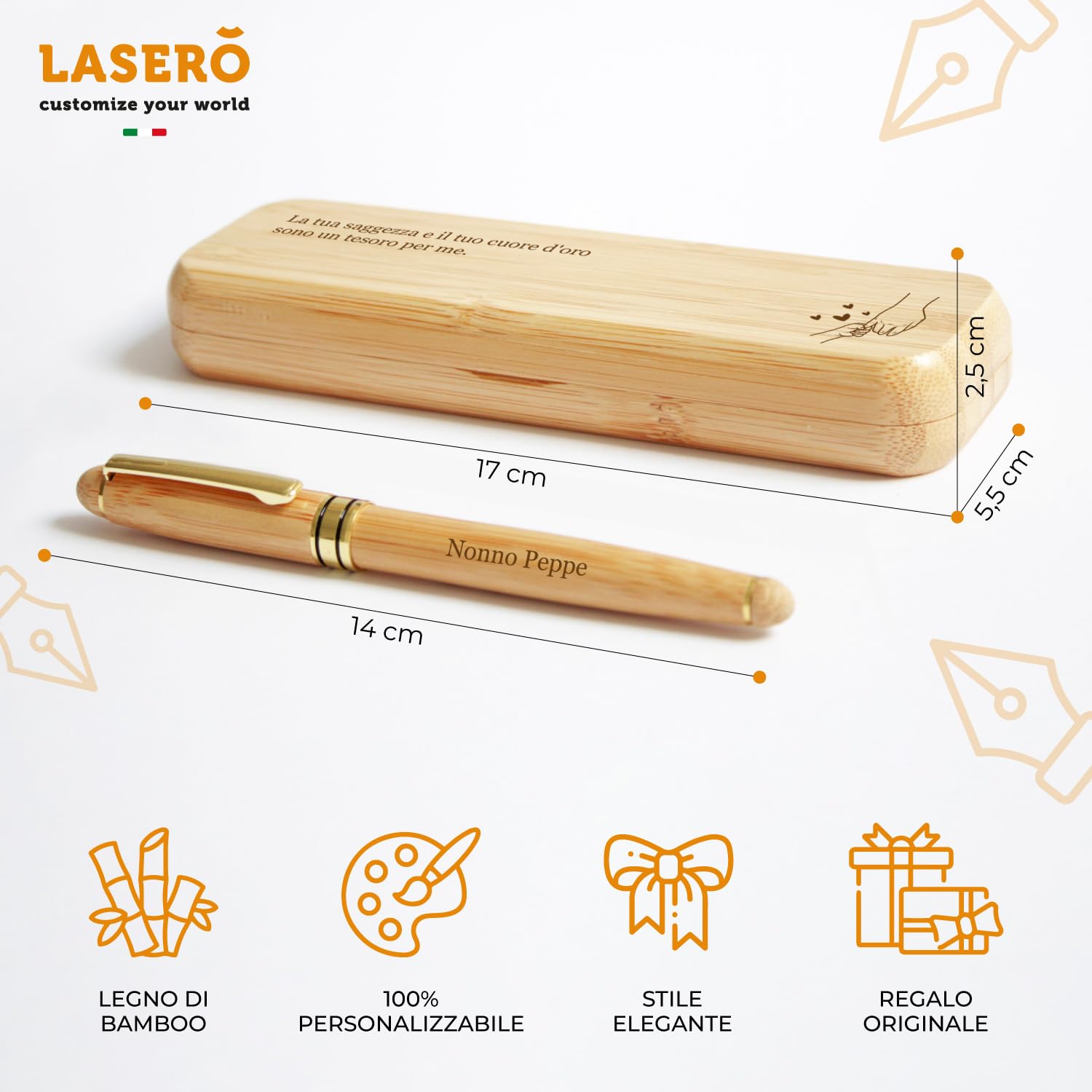 LASERO' Penna Stilografica Personalizzata in Legno con Astuccio – Penne Personalizzate con Scritta e Logo + Dedica sul Box - Regali Personalizzati